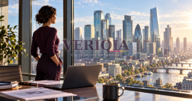 Professional looking across an illustrative financial district skyline, with a centred translucent VERIQIA watermark.