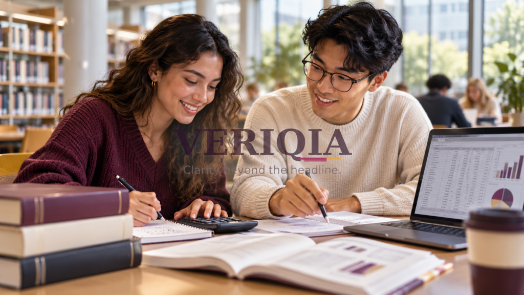 Students practising finance calculations with a calculator and laptop, with a centred VERIQIA watermark.
