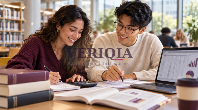 Students practising finance calculations with a calculator and laptop, with a centred VERIQIA watermark.