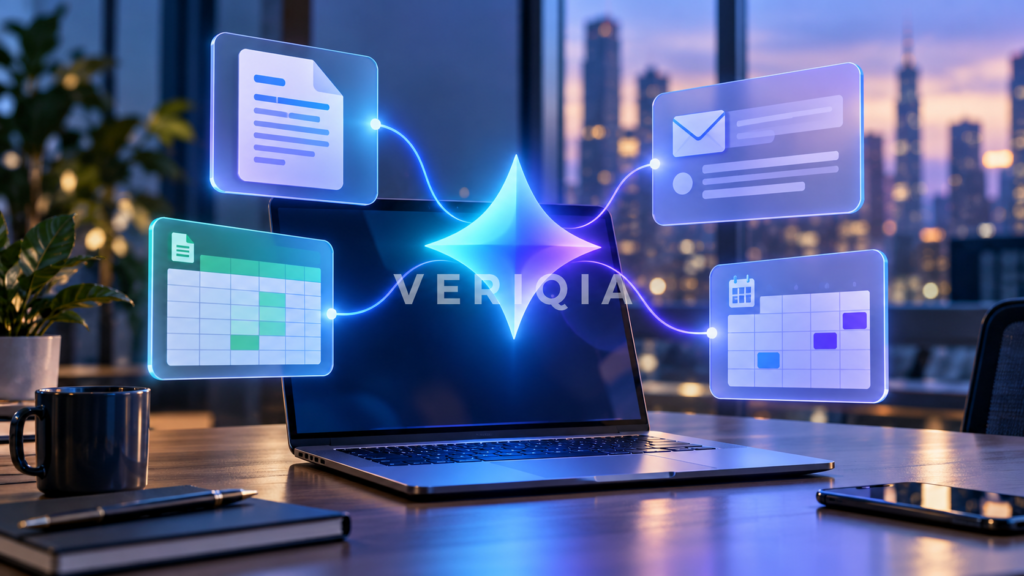 Conceptual Gemini AI assistant connecting documents, email, spreadsheets and calendar on a workplace laptop