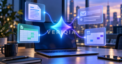 Conceptual Gemini AI assistant connecting documents, email, spreadsheets and calendar on a workplace laptop