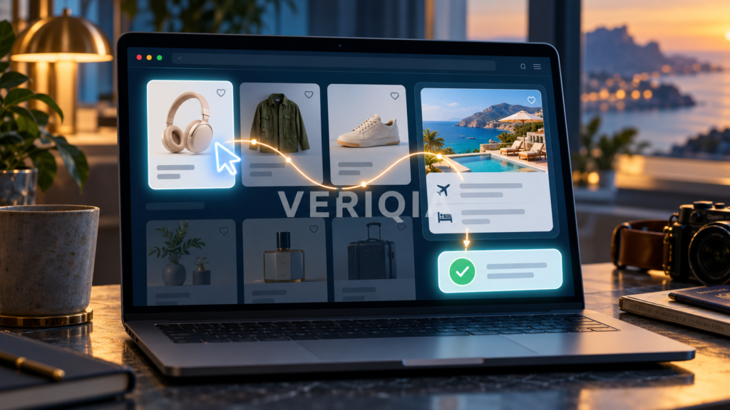 AI browsing concept showing shopping product cards, a travel reservation and a confirmation control on a laptop
