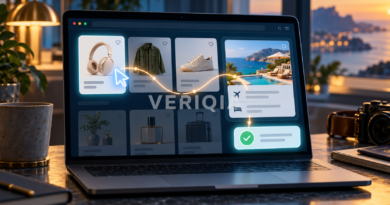 AI browsing concept showing shopping product cards, a travel reservation and a confirmation control on a laptop