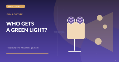 Editorial illustration of a cinema projector splitting light into varied film genres and a small independent film reel
