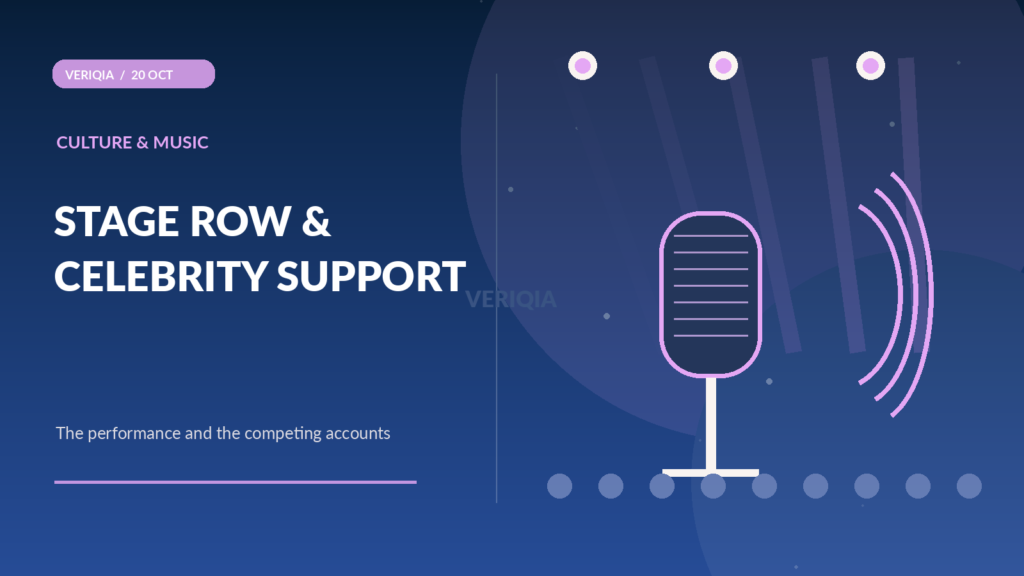 Editorial illustration of a concert microphone under stage lights with contrasting speech bubbles, not a depiction of Daler Mehndi