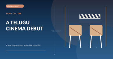 Original editorial illustration of a neo-noir film set, two director chairs and a Telugu cinema clapperboard