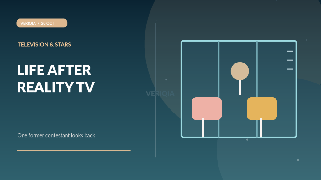 Illustrated reality television house behind frosted glass with two separated chairs and a microphone, no realistic celebrity depiction