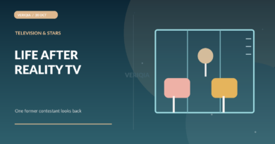 Illustrated reality television house behind frosted glass with two separated chairs and a microphone, no realistic celebrity depiction