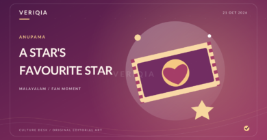A golden cinema ticket with a heart motif, representing Anupama Parameswaran’s playful tribute to Mohanlal as a favourite star.