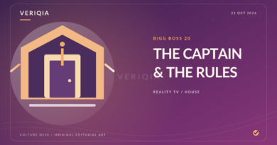 An illustrated reality-show house with a doorway and caution symbol, representing the Bigg Boss 20 captaincy rule dispute.