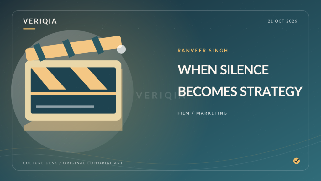 An illustrated film clapperboard and spotlight beams, representing the unusual low-profile marketing strategy for Dhurandhar.