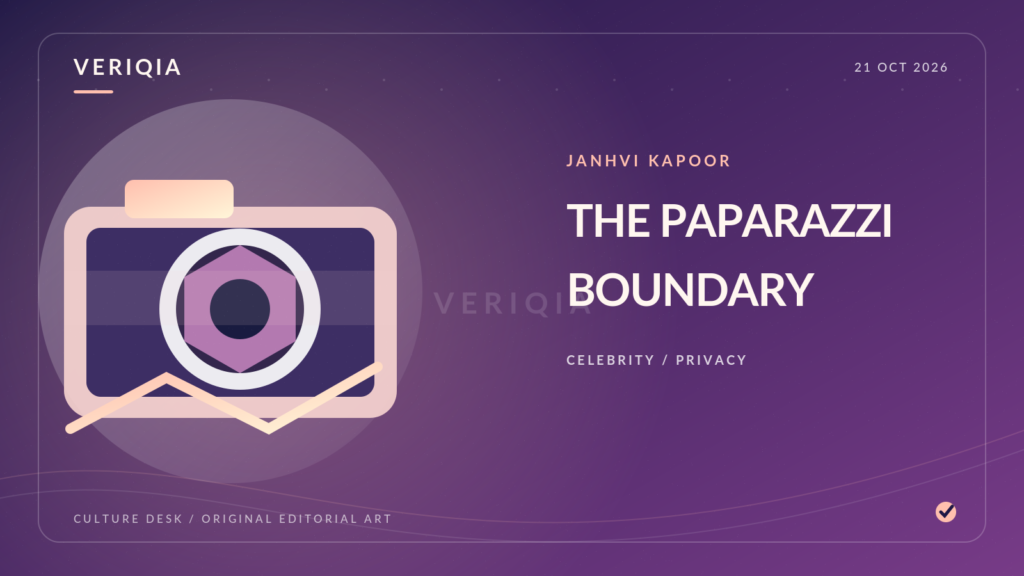An illustrated paparazzi camera with a prominent lens and privacy motif on a lavender editorial background.