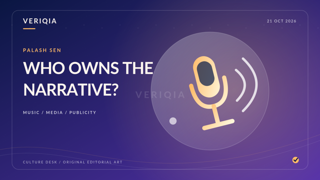 An illustrated microphone with broadcast sound waves on a violet editorial background, representing the Palash Sen and Salman Khan publicity debate.