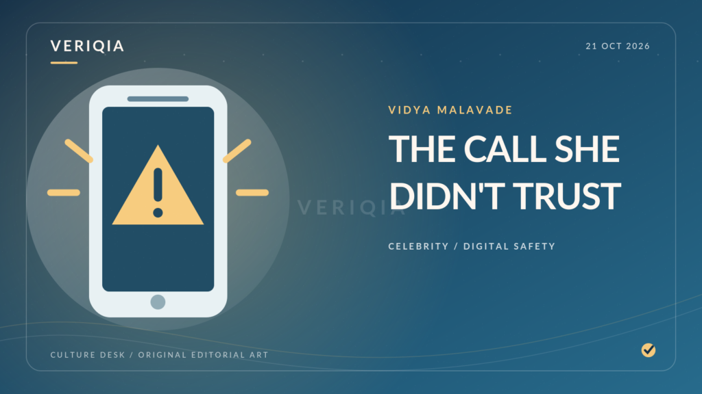 A smartphone showing a yellow warning triangle and a lightning motif, illustrating Vidya Malavade’s reported suspicious utility call.
