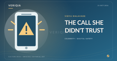 A smartphone showing a yellow warning triangle and a lightning motif, illustrating Vidya Malavade’s reported suspicious utility call.