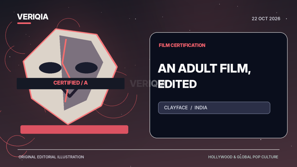 Stylised cracked clay mask, cinema certificate stamp and filmstrip with editorial censor bars, representing reported Clayface India edits.