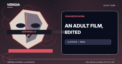Stylised cracked clay mask, cinema certificate stamp and filmstrip with editorial censor bars, representing reported Clayface India edits.
