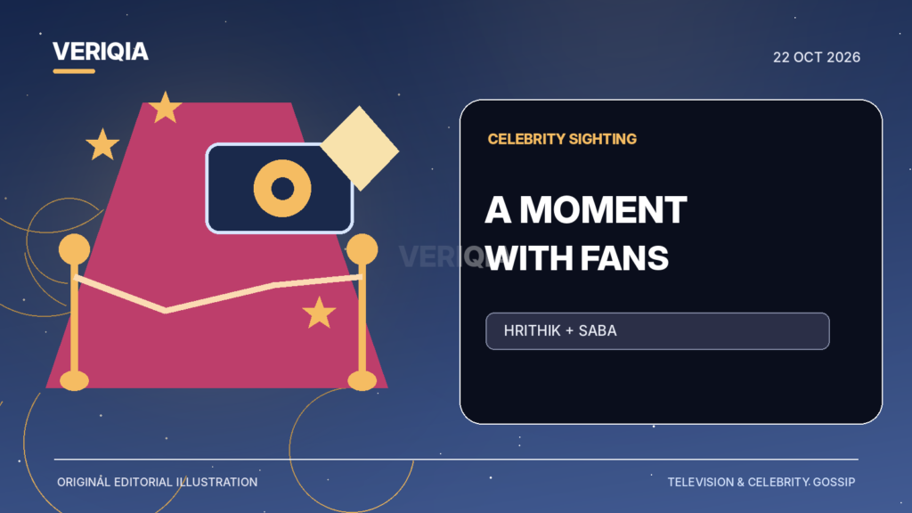 Illustrated red-carpet rope, camera flashes and small star-shaped fan badges, representing Hrithik Roshan’s reported event interaction.