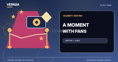 Illustrated red-carpet rope, camera flashes and small star-shaped fan badges, representing Hrithik Roshan’s reported event interaction.