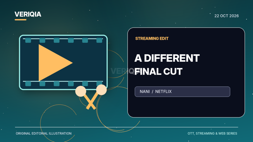 Editorial streaming-screen illustration with a split film reel, scissors and contrasting runtime markers for Nani’s The Paradise OTT edit.