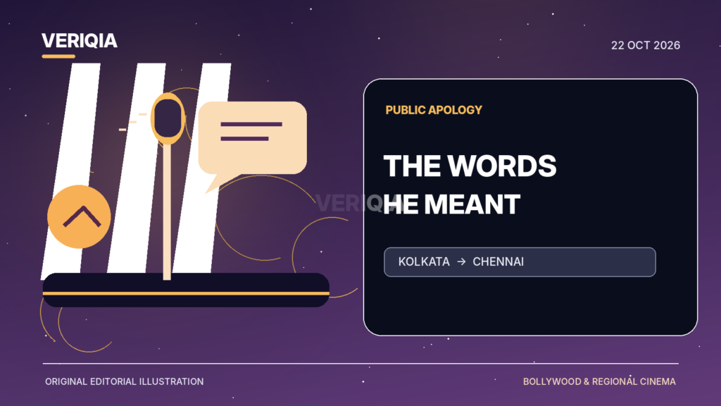 Illustrated stage microphone, crossed speech lines and a glowing diya representing Ranbir Kapoor’s corrected Dussehra remarks, with no actor likeness.