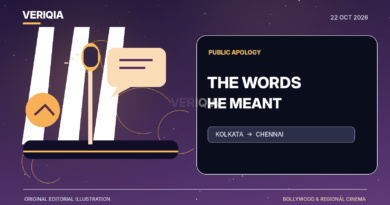 Illustrated stage microphone, crossed speech lines and a glowing diya representing Ranbir Kapoor’s corrected Dussehra remarks, with no actor likeness.