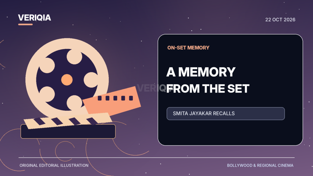 Vintage film camera, two abstract silhouettes and a director’s clapperboard representing Smita Jayakar’s recollection of a 1999 film set.