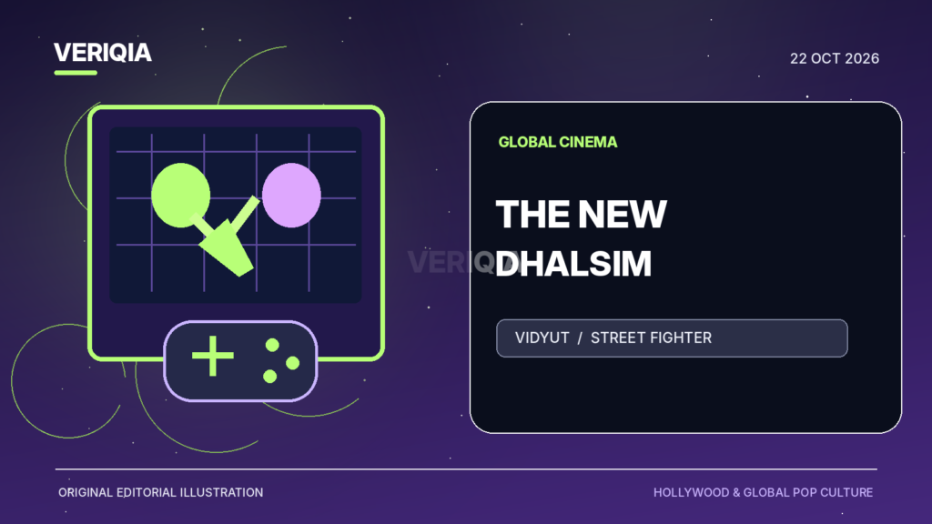Arcade-style martial-arts arena with abstract training silhouette, glowing game controller and yoga-inspired ring, representing Vidyut Jammwal’s Dhalsim role.