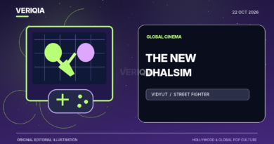Arcade-style martial-arts arena with abstract training silhouette, glowing game controller and yoga-inspired ring, representing Vidyut Jammwal’s Dhalsim role.