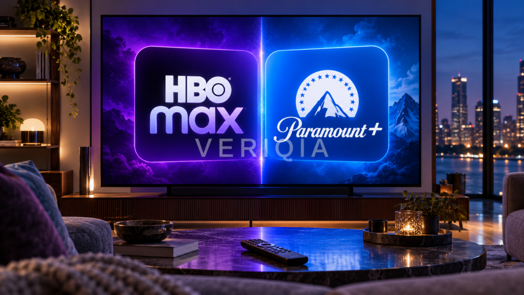 HBO Max and Paramount+ app tiles displayed separately on a television, illustrating streaming subscription and merger questions
