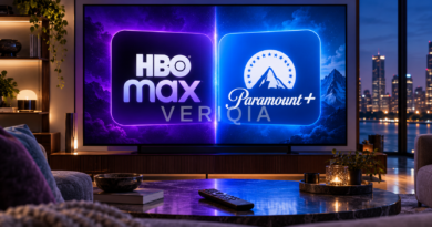 HBO Max and Paramount+ app tiles displayed separately on a television, illustrating streaming subscription and merger questions