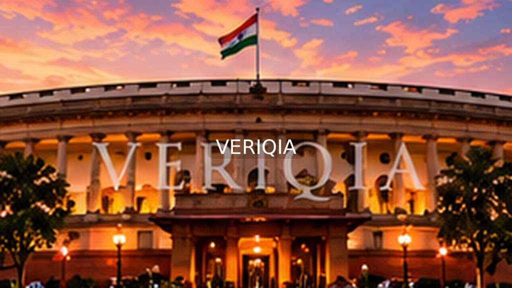 Editorial illustration showing India parliament building; VERIQIA watermark