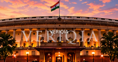 Editorial illustration showing India parliament building; VERIQIA watermark