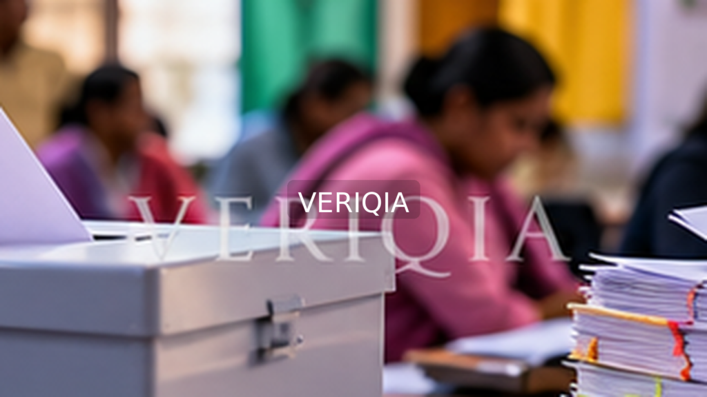 Editorial illustration showing ballot box and election paperwork; VERIQIA watermark