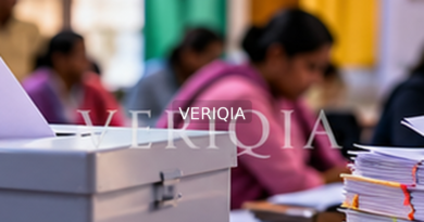 Editorial illustration showing ballot box and election paperwork; VERIQIA watermark
