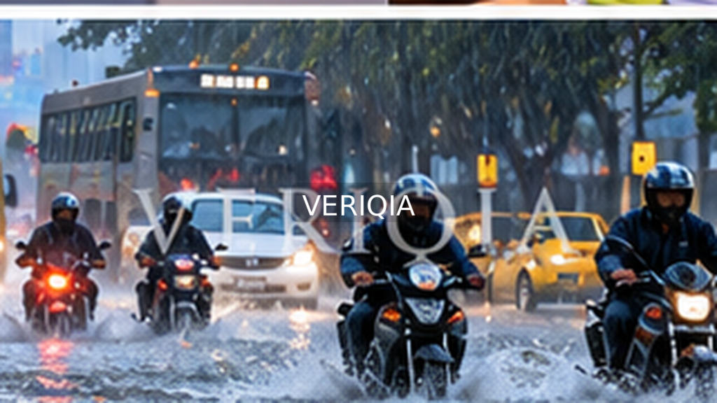 Editorial illustration showing monsoon road traffic; VERIQIA watermark