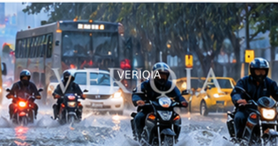Editorial illustration showing monsoon road traffic; VERIQIA watermark