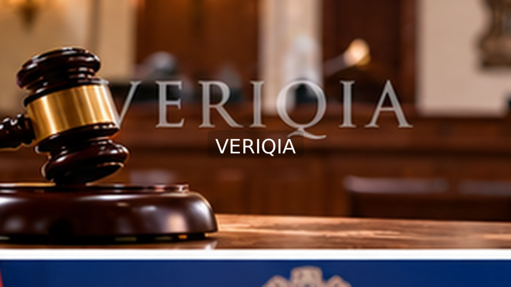 Editorial illustration showing court files and gavel; VERIQIA watermark