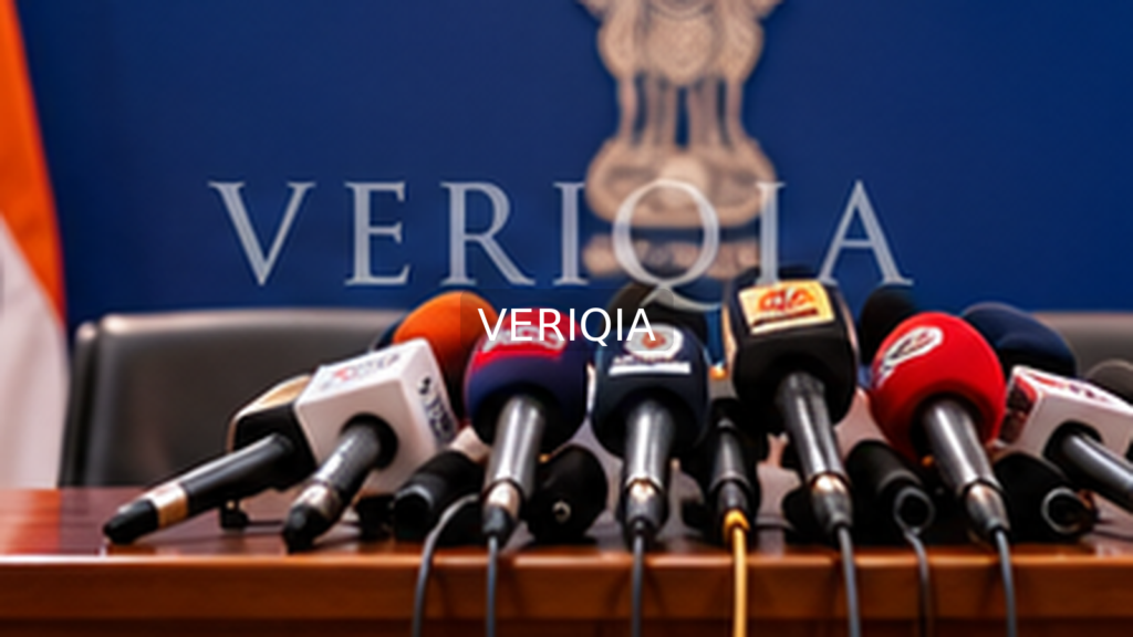 Editorial illustration showing government press conference; VERIQIA watermark