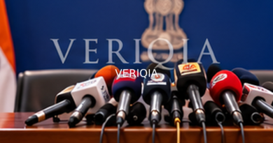Editorial illustration showing government press conference; VERIQIA watermark