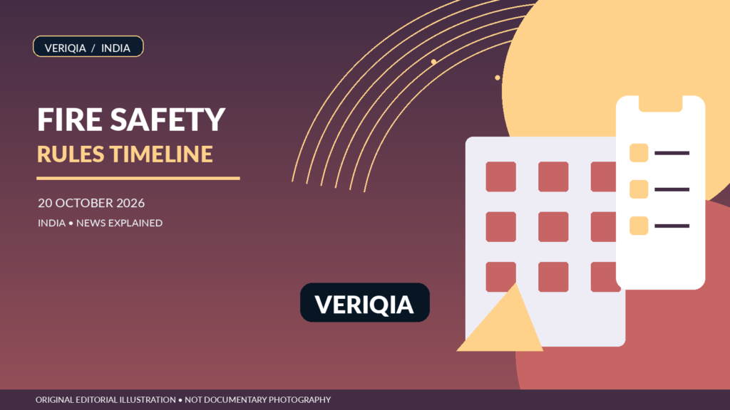 Stylised city building with a fire-safety checklist and calendar, without implying a real fire or inspection scene