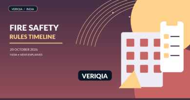 Stylised city building with a fire-safety checklist and calendar, without implying a real fire or inspection scene