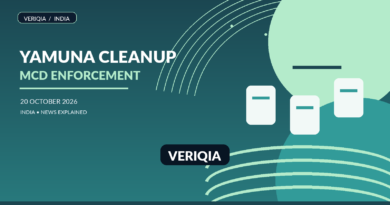 Editorial illustration of laundry basins, municipal seal and river cleanup symbols; no actual premises depicted
