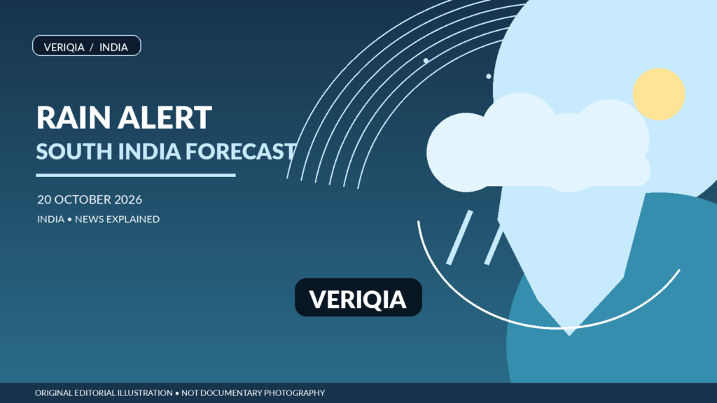 Editorial weather illustration showing rain clouds over a simplified south India coastline and clear skies over north India; not a forecast map