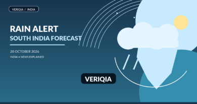Editorial weather illustration showing rain clouds over a simplified south India coastline and clear skies over north India; not a forecast map
