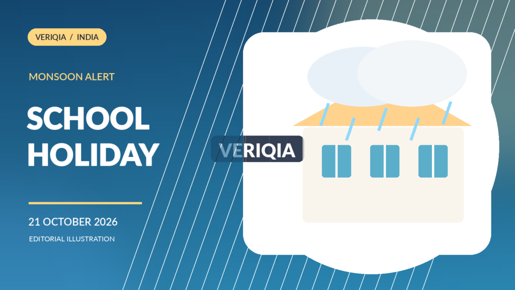 Illustrated Chennai school building, rain clouds and a school-bus shelter with no identifiable real students; symbolic weather scene.