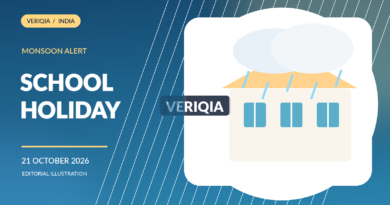 Illustrated Chennai school building, rain clouds and a school-bus shelter with no identifiable real students; symbolic weather scene.