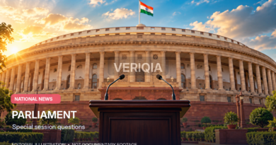 Illustrated Indian Parliament building with an empty lectern under a golden sky
