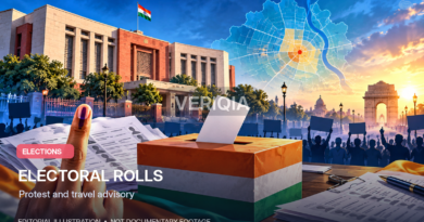 Symbolic editorial graphic showing a ballot box, voter list and Delhi protest route markers
