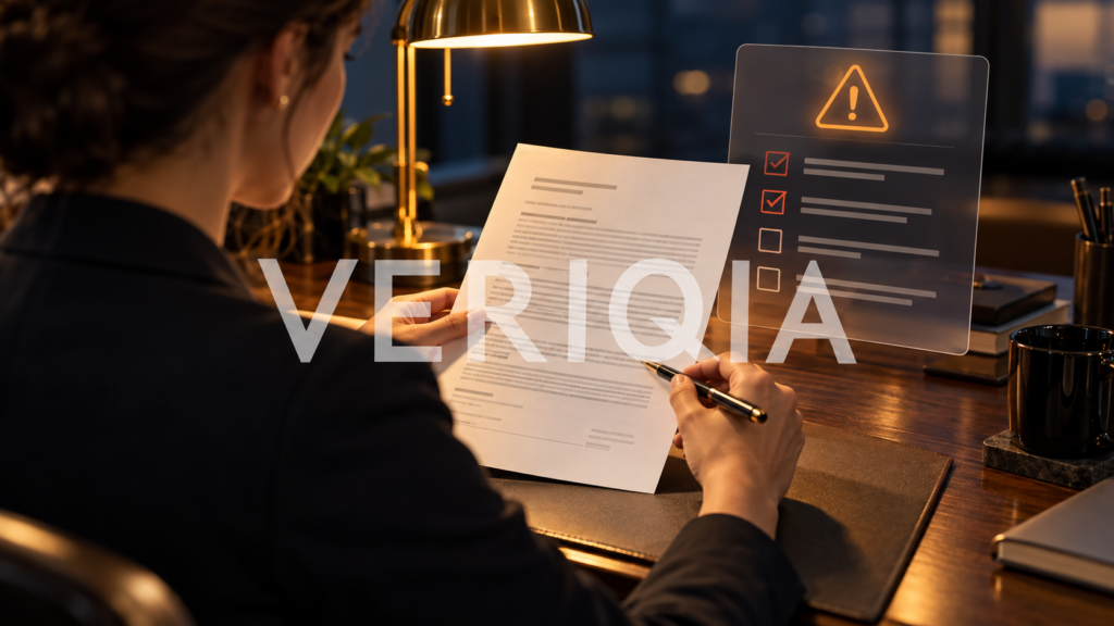 Professional reviewing a job offer document beside a warning symbol and checklist